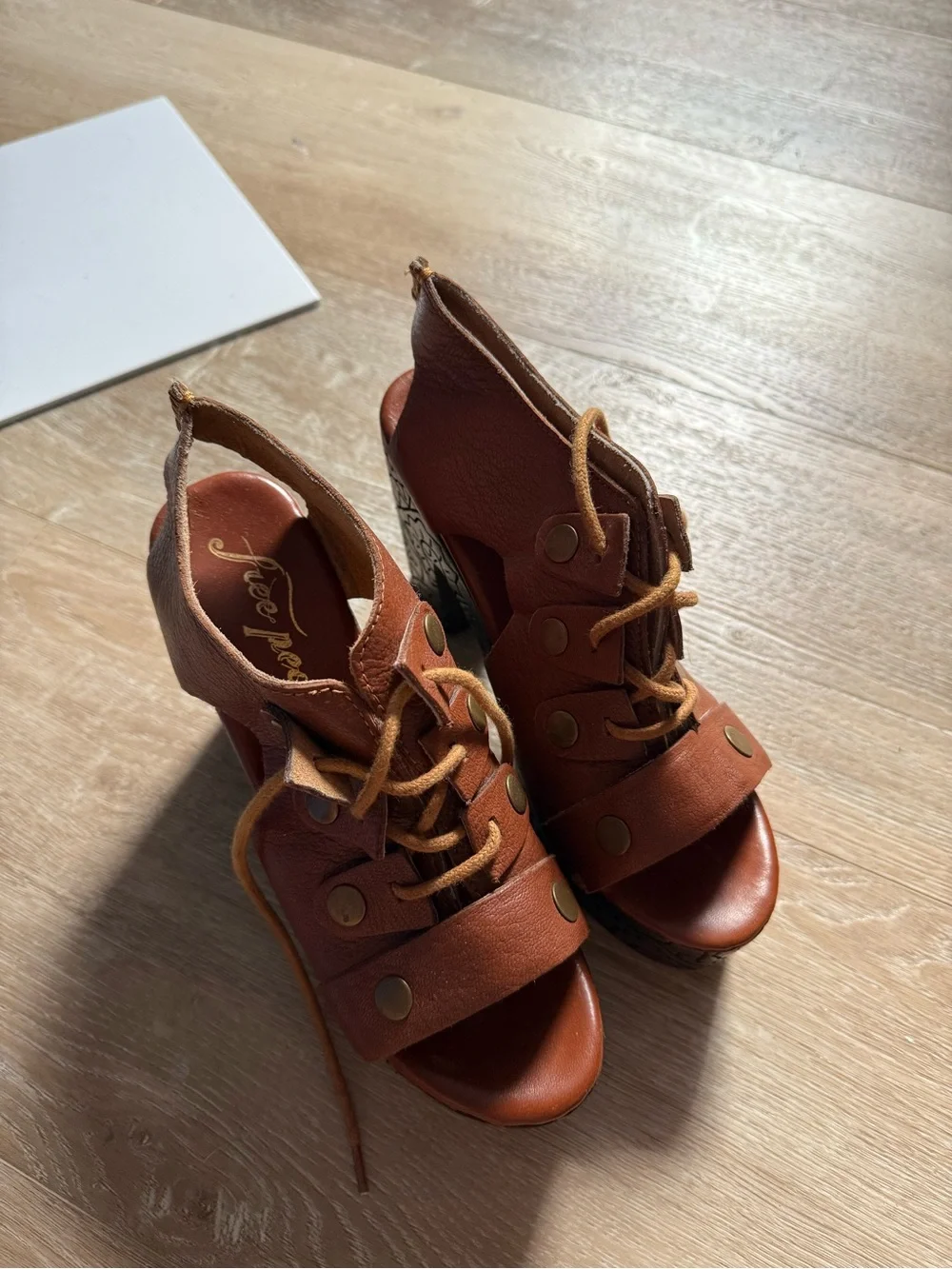 Free People Brown Cutout Platform Heels with Patterned Wood-Look Sole